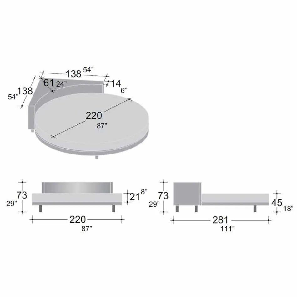 Nowoczesne okrągłe łóżko podwójne z kątowym zagłówkiem Made in Italy - Tima Viadurini