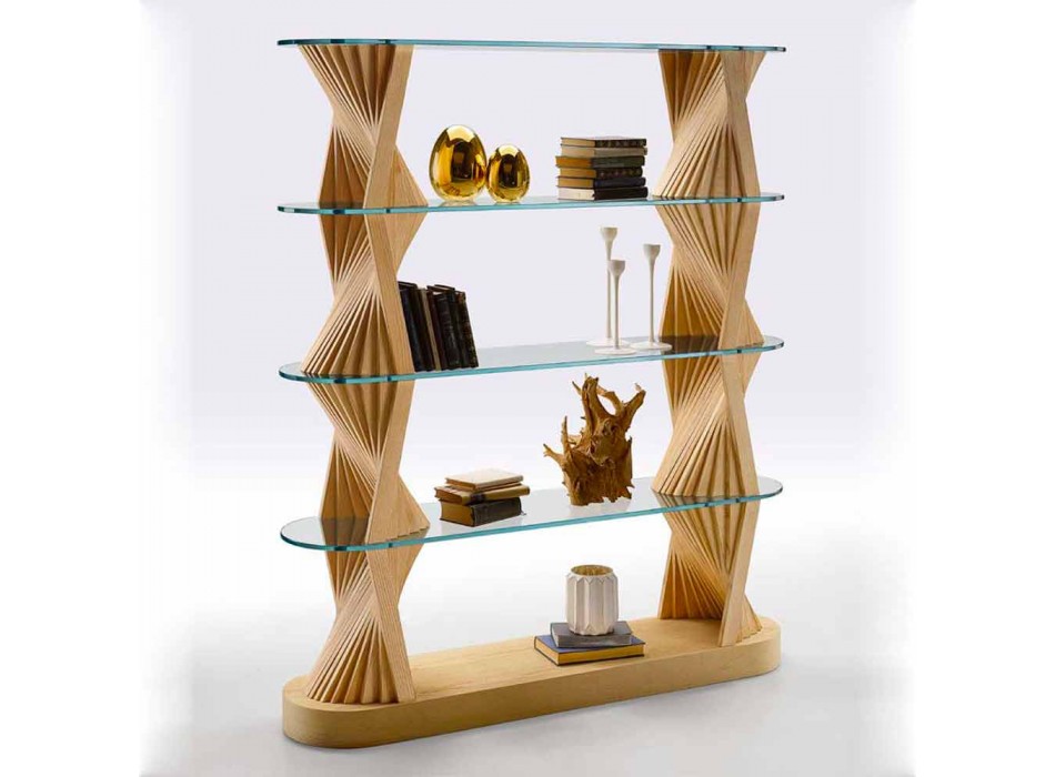 Zaprojektuj regał podłogowy ze szkła i drewna jesionowego Made in Italy - Aspide Viadurini