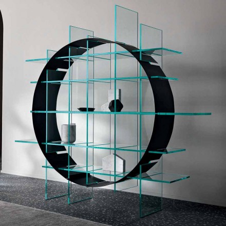 Wolnostojący Regał Okrągły z Extraclear Glass i Brushed Black - Marco Viadurini