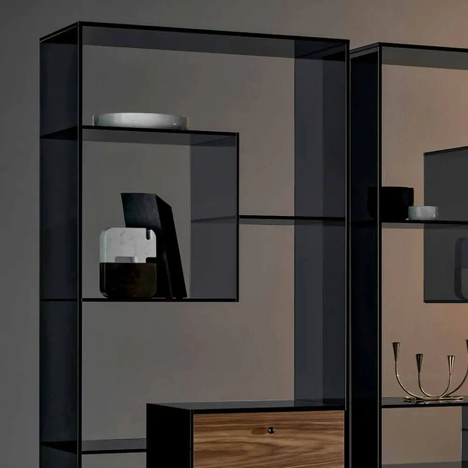 Regał z przydymionego szkła z szufladą z drewna orzechowego Canaletto Włoski design - Linzy Viadurini