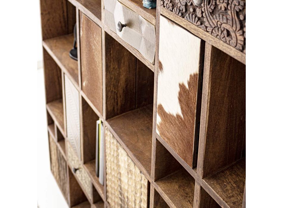 Regał z drewna mango i szuflady z recyklingu z dekoracjami Homemotion - Auriel Viadurini
