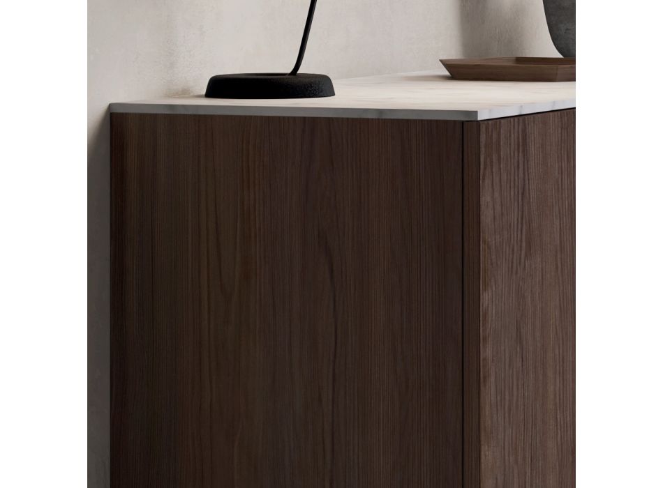 Kredens z 2 drzwiami do salonu, z ekologicznego drewna i metalu z marmuru - brązowy Viadurini