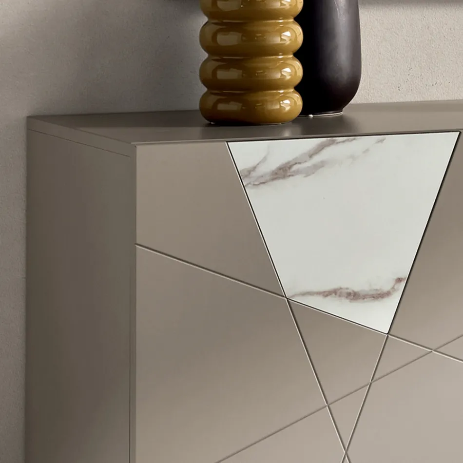 Komoda z 2 drzwiami z lakierowanej płyty MDF z pantografem i wstawkami ze szkła imitującego marmur - Danila Viadurini