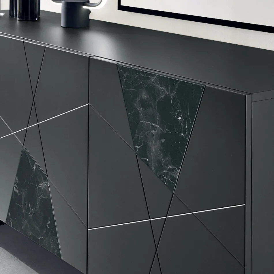 Komoda z 3 drzwiami z lakierowanej płyty MDF z pantografem i wstawkami ze szkła imitującego marmur - Danila Viadurini