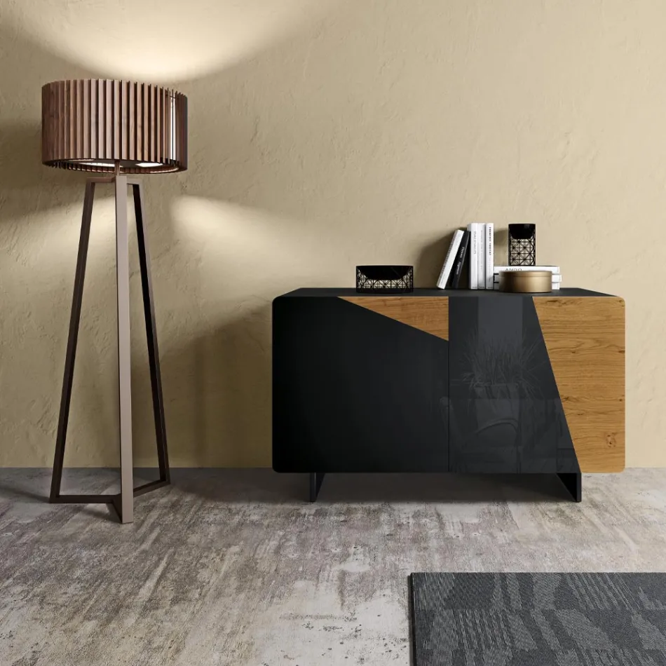 Kredens do salonu z 2 drzwiami w wykończeniu z dębu wiejskiego i antracytowym szkłem – Ove Viadurini