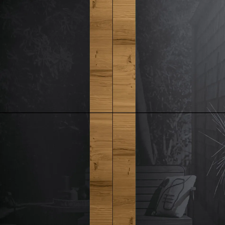 Kredens do salonu z 4 drzwiami z wykończeniem z dębu wiejskiego i antracytowym szkłem – Ove Viadurini