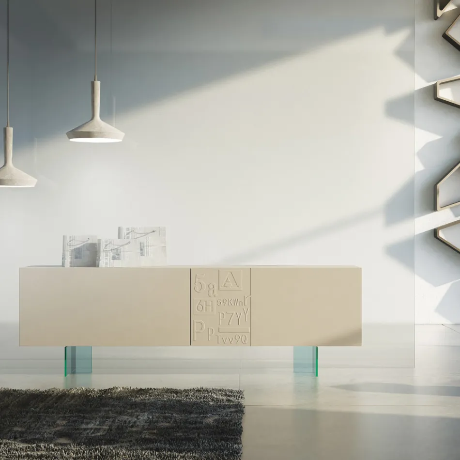 Kredens do salonu z matowego lakierowanego Mdf i szkła Made in Italy - Ninetta Viadurini