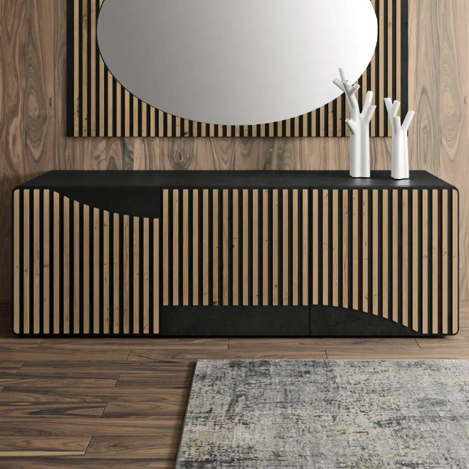 Kredens do salonu z 3 drzwiami z wykończeniem w kolorze nordyckiego dębu wiązanego - Linda Viadurini