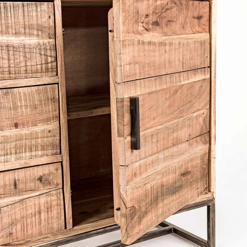 Kredens z drewna akacjowego i stali 2 drzwi i 3 szuflady Homemotion - Aimune Viadurini