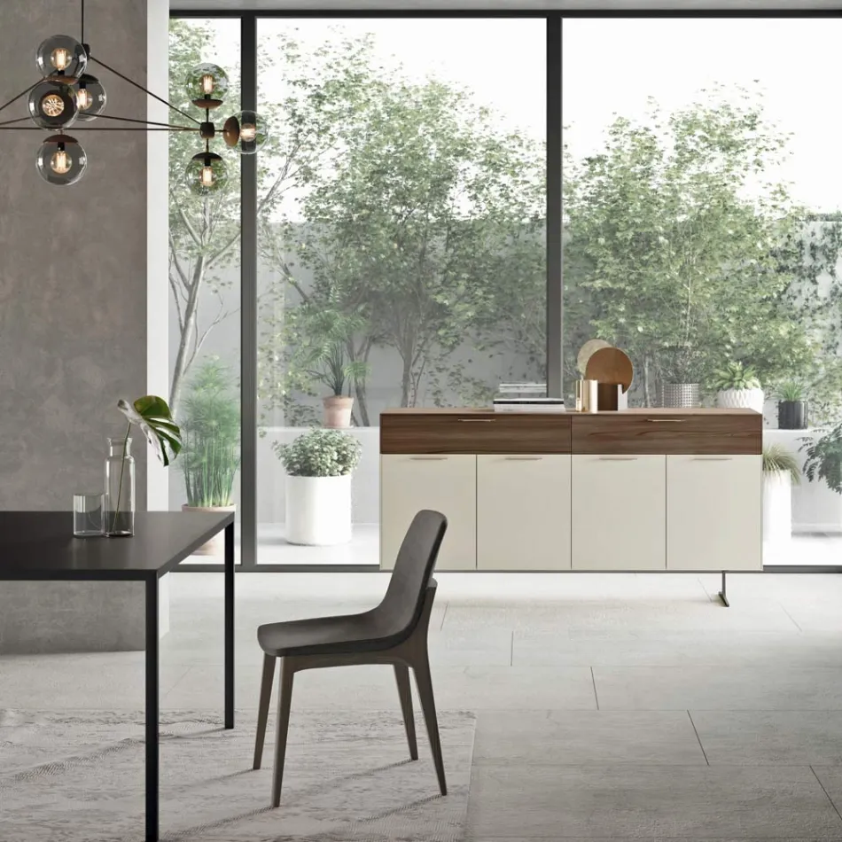 Kredens z ekologicznego drewna z 4 drzwiami z szufladami i blatem jesionowym - Tamara Viadurini