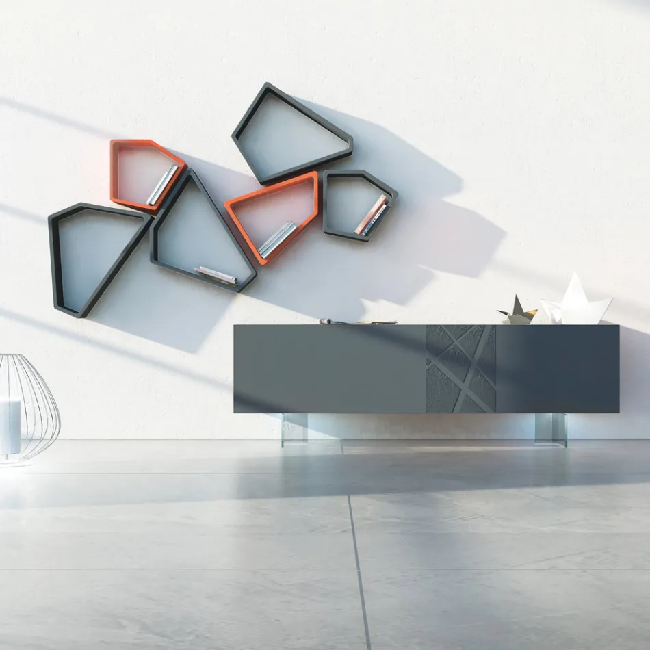 Kredens z płyty Mdf w kolorze grafitowo-szarym ze szklanymi nóżkami Made in Italy - Zelia Viadurini