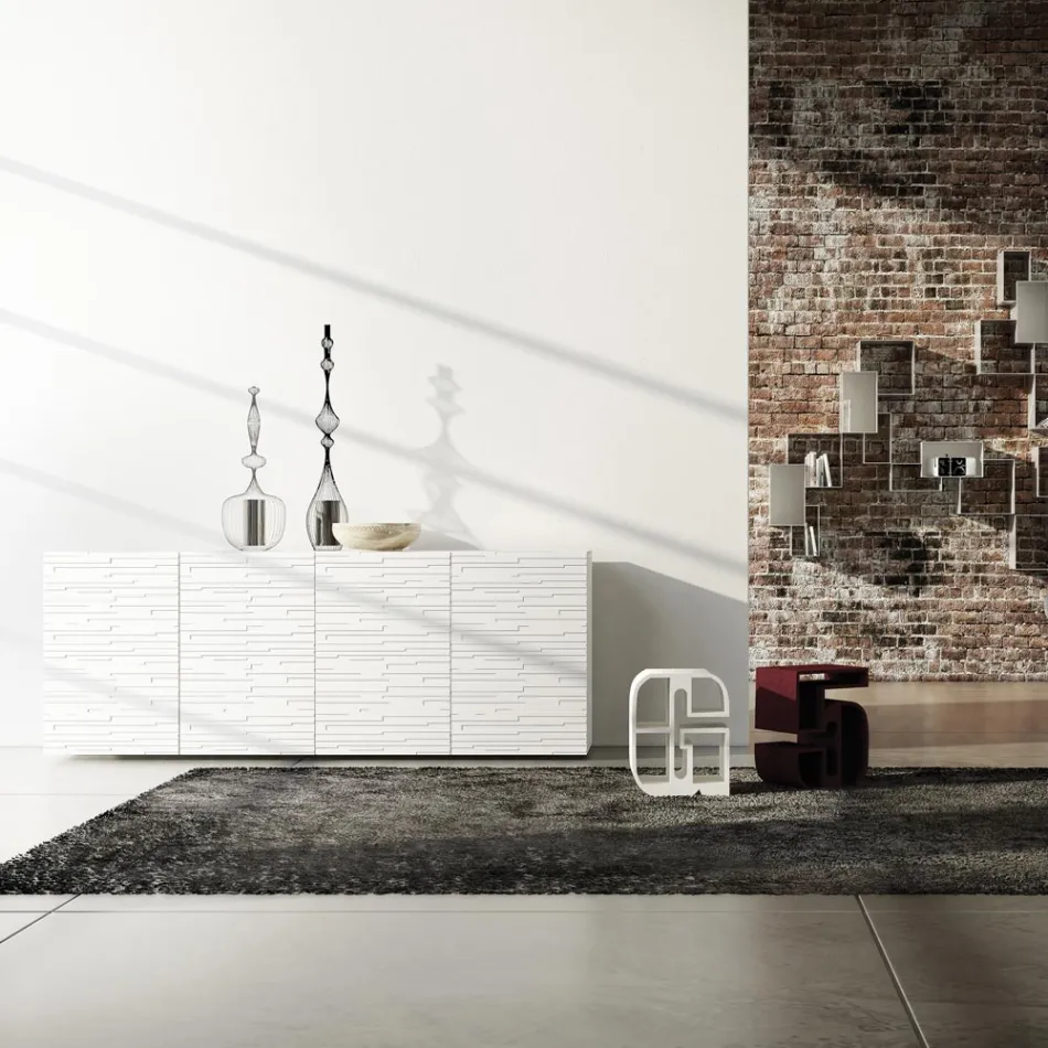 Kredens z matowej białej lakierowanej płyty Mdf ze zdobionymi drzwiami Made in Italy - Chicago Viadurini