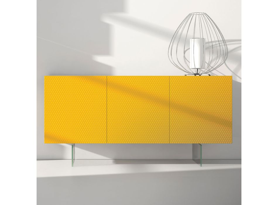 Żółty lakierowany kredens Mdf z 3 drzwiami i szklanymi nóżkami Made in Italy - Ciara Viadurini