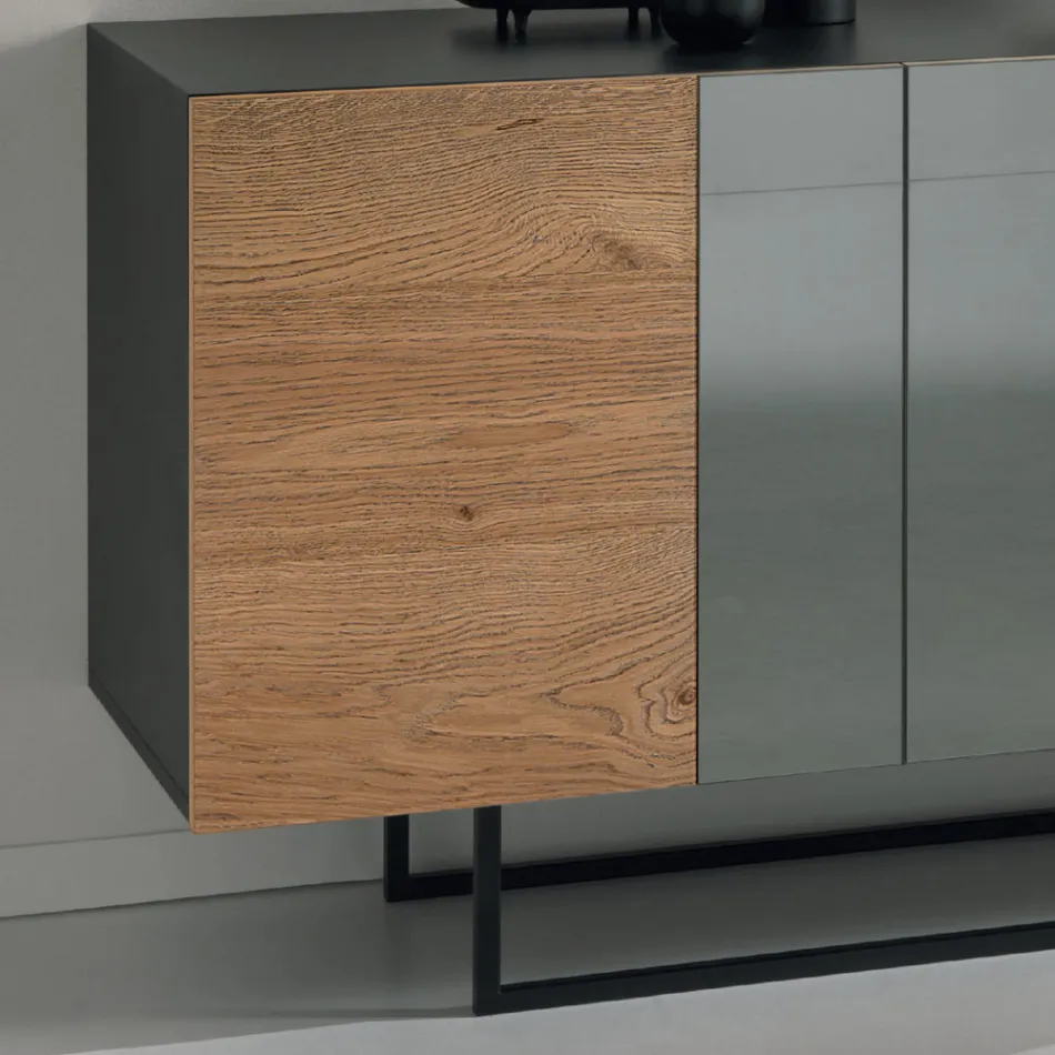 Kredens z melaminy z 3 dębowymi drzwiami i lustrem Wyprodukowano we Włoszech - Romina Viadurini