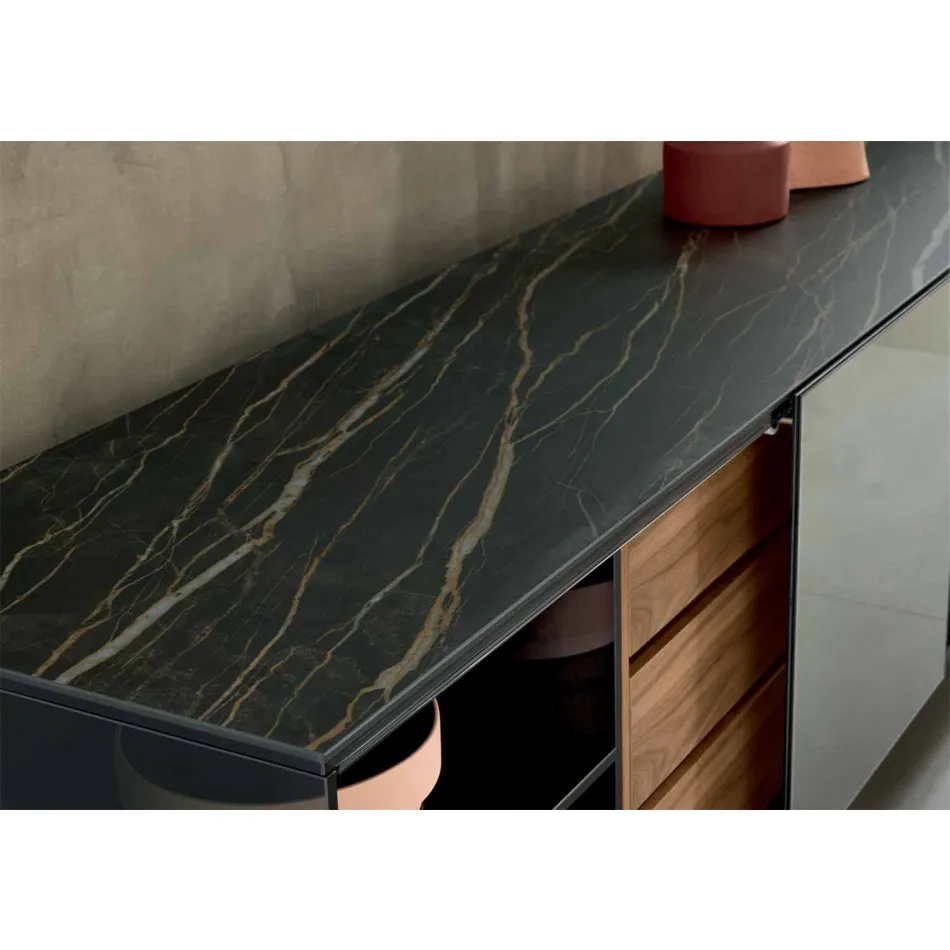 Kredens do salonu wędzonego szkła z brązowymi lustrzanymi drzwiami Made in Italy - Silly Viadurini