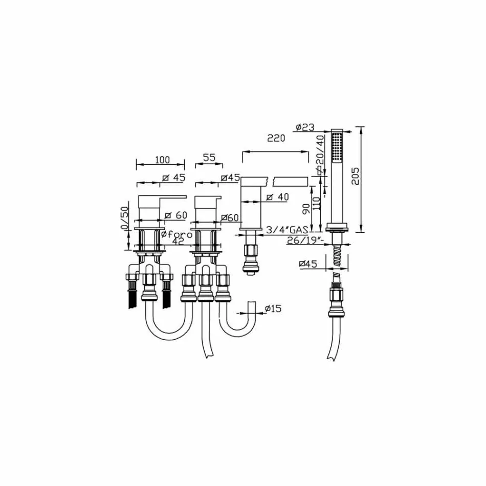 Made in Italy Designerska mosiężna 4-otworowa bateria wannowa - Panela Viadurini