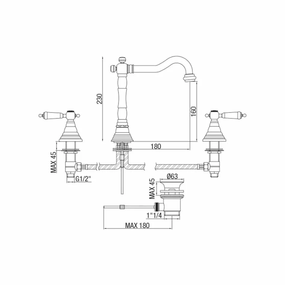Klasyczna mosiężna bateria umywalkowa z 3 otworami Made in Italy - Shelly Viadurini