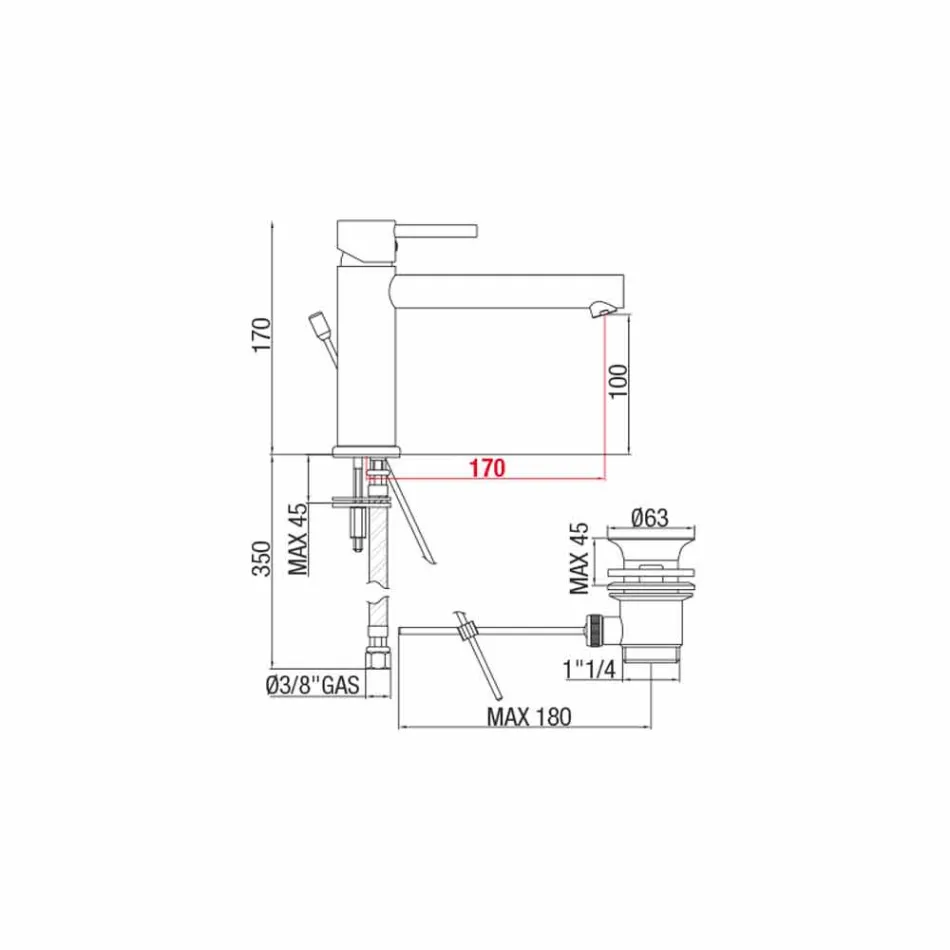Mosiężna bateria umywalkowa z wylewką, odległość między środkami 170 mm Made in Italy - Ermia Viadurini