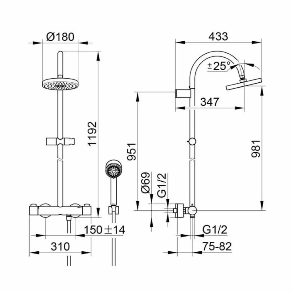 Nowoczesna bateria prysznicowa z deszczownicą i metalową rączką - Zanio Viadurini