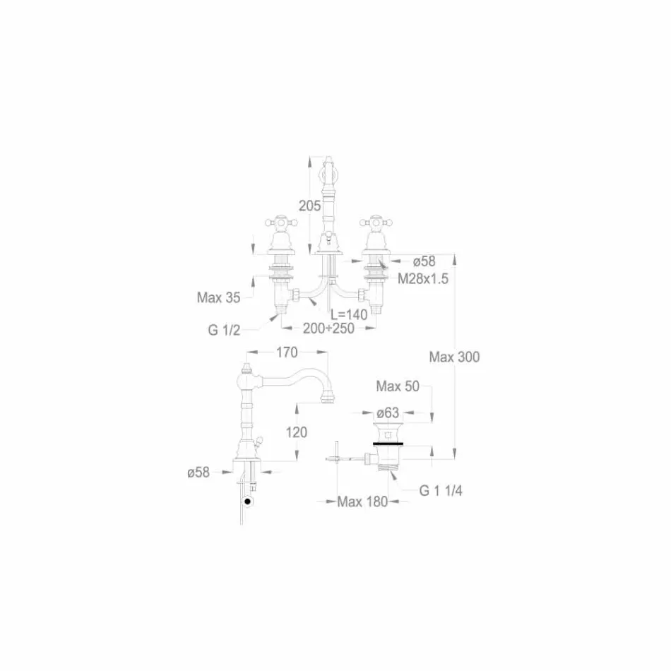 Nowoczesna mosiężna bateria umywalkowa z trzema otworami Made in Italy - Binsu Viadurini