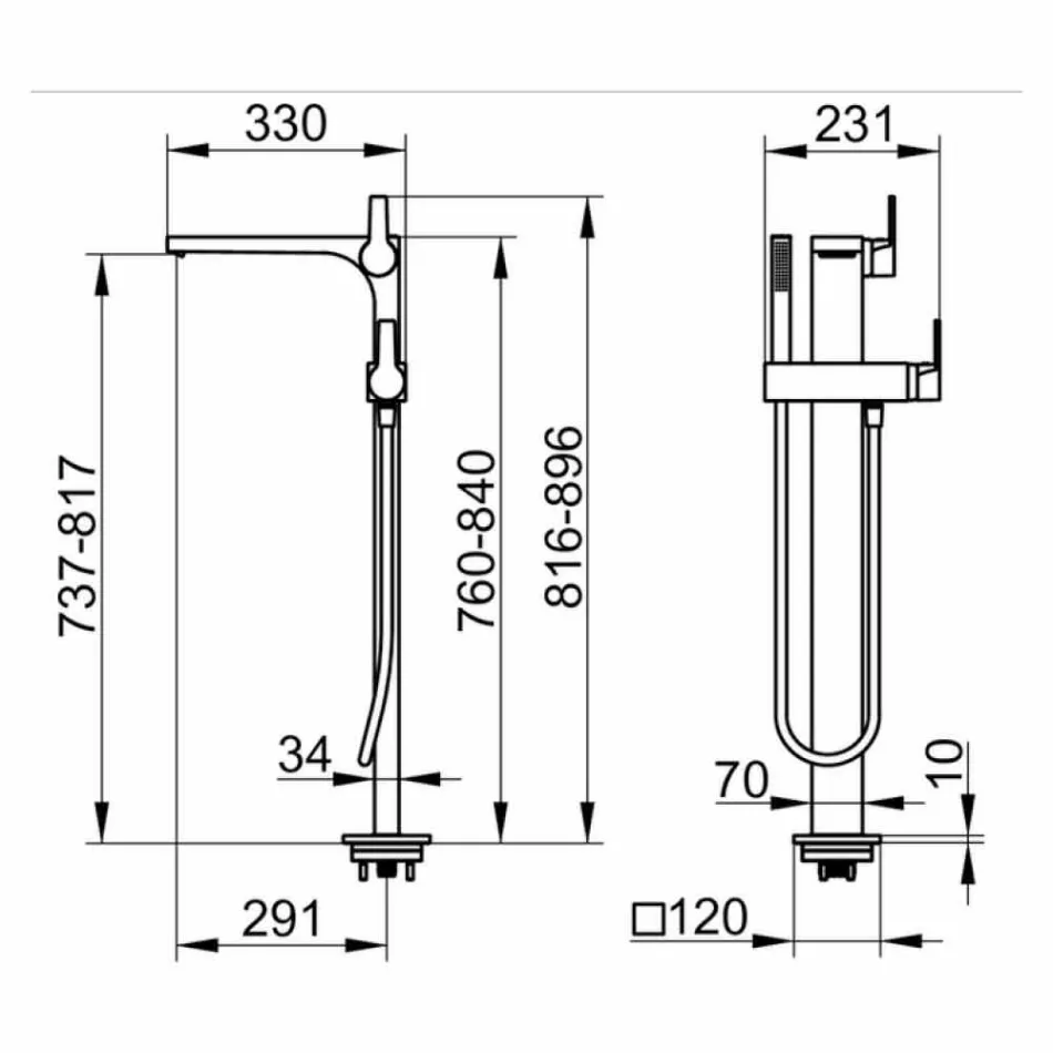 Nowoczesna bateria wannowa z prysznicem ręcznym i wężem elastycznym - Etto Viadurini