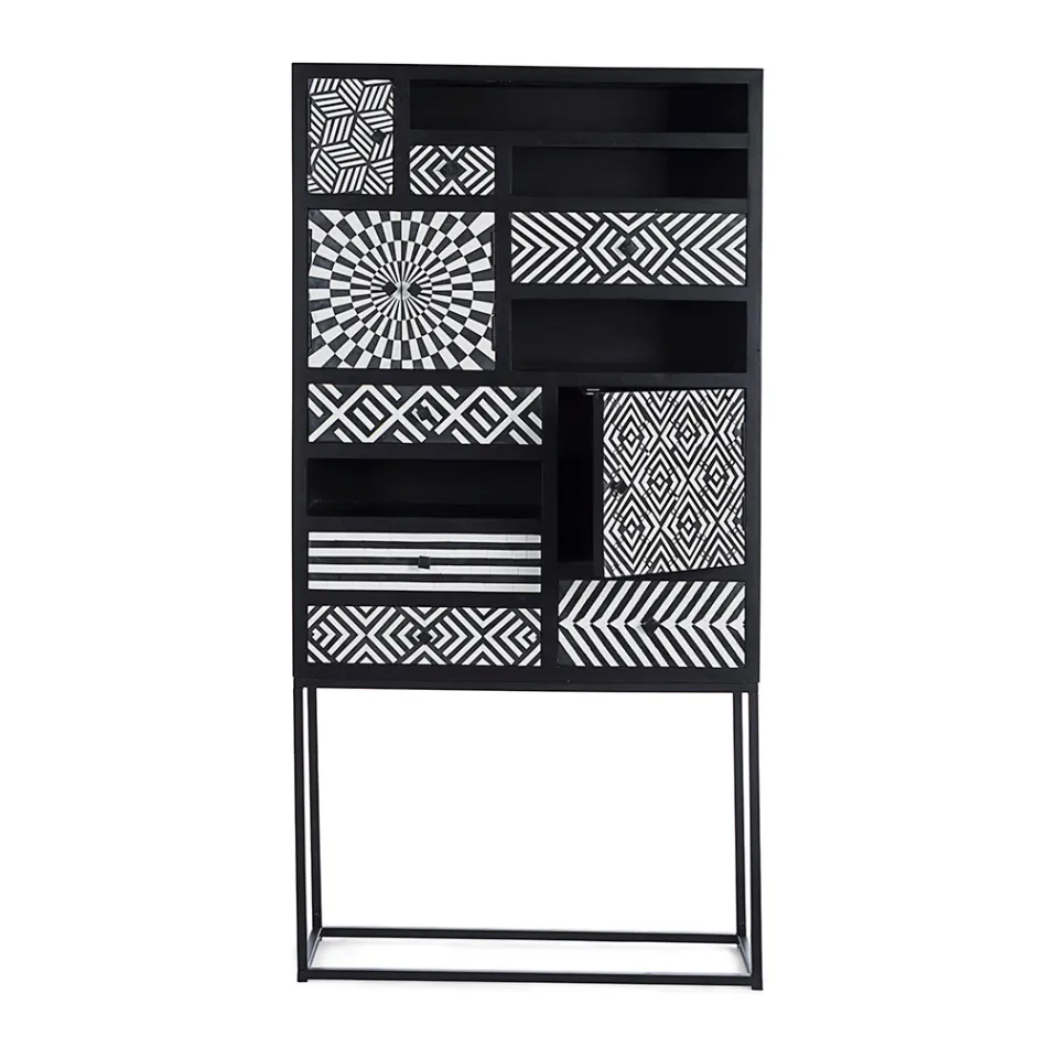 Etniczna Mozaika Szafka 4 Drzwi 6 Szuflady z Drewna Mango - Vanitoso Viadurini