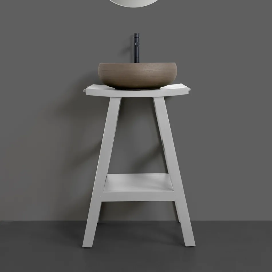 Meble łazienkowe z drewnianym wykończeniem i szarym półokrągłym blatem - Raomi Viadurini