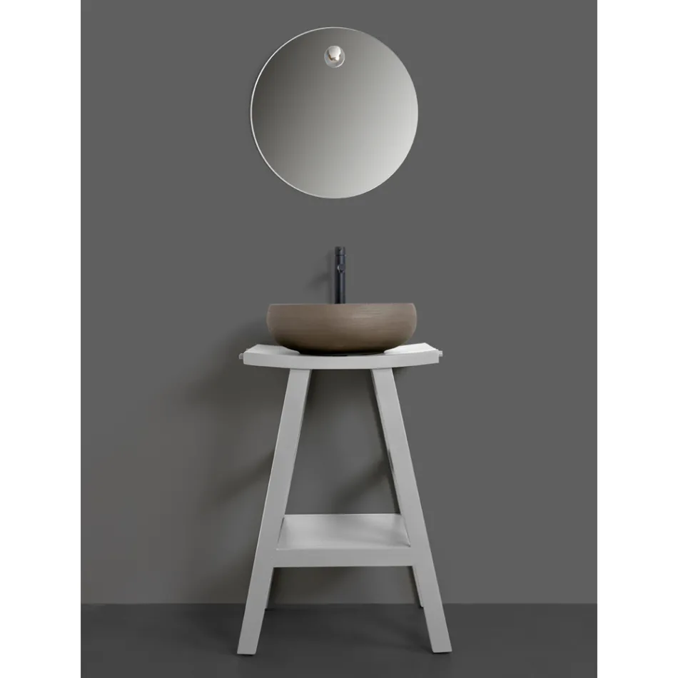 Meble łazienkowe z drewnianym wykończeniem i szarym półokrągłym blatem - Raomi Viadurini
