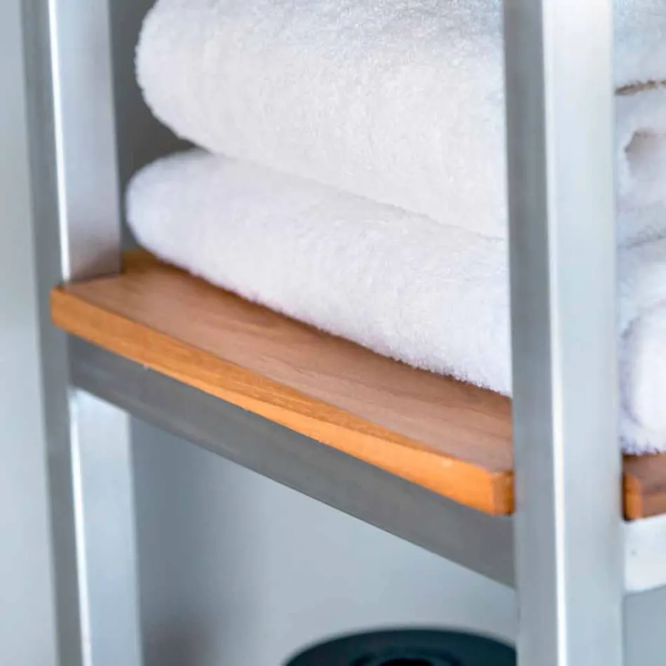 Kolumnowa szafka łazienkowa z drewna tekowego i stali z 4 otwartymi półkami - Tamburino Viadurini