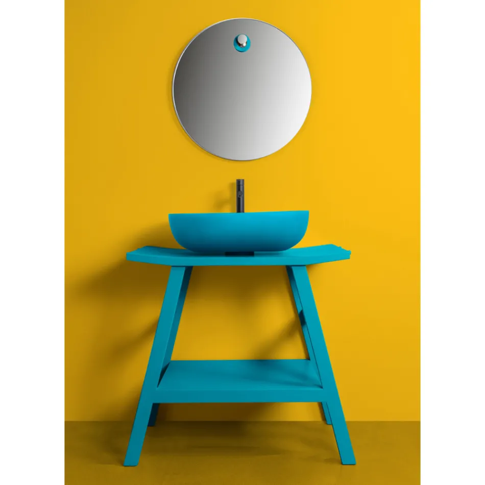 Szafka łazienkowa stojąca w kolorze niebieskim z drewna tekowego i wygodna półka z półokrągłym blatem - Crina Viadurini