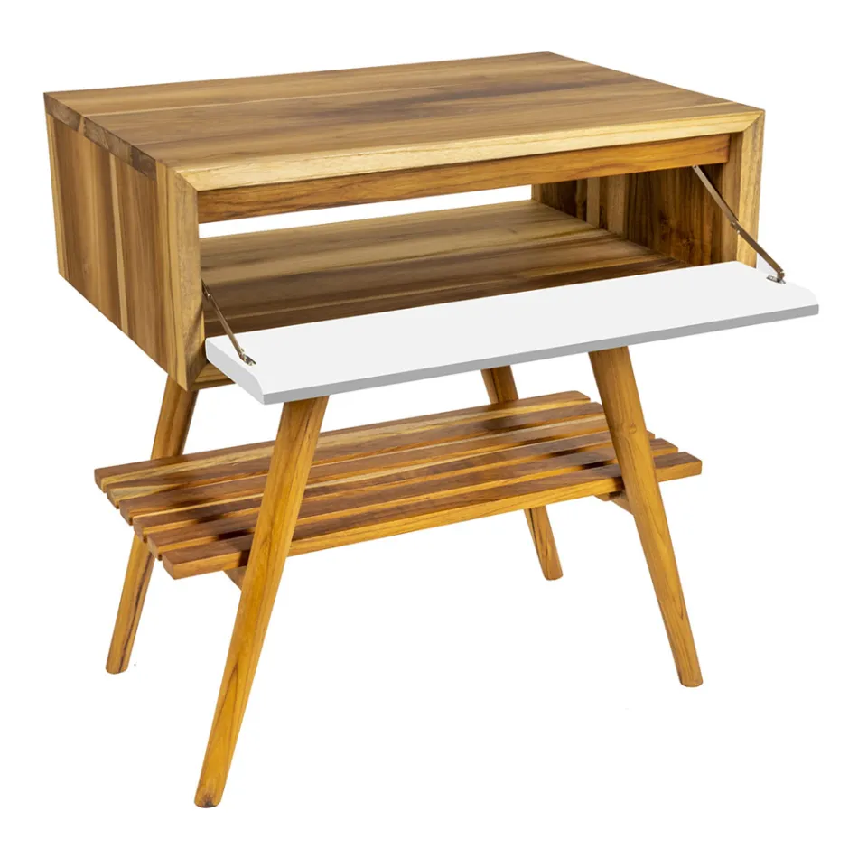 Podłogowa szafka łazienkowa z odzyskanego drewna tekowego i białego blatu podporowego - Gatien Viadurini