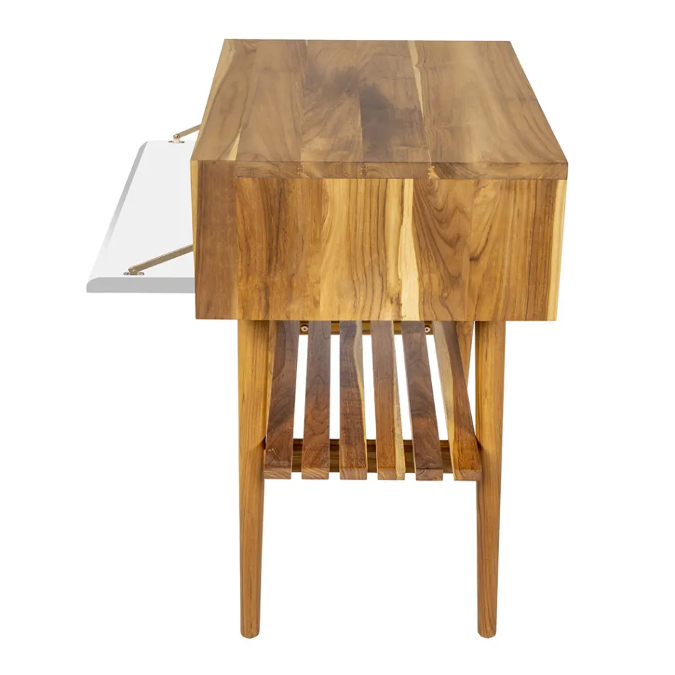 Podłogowa szafka łazienkowa z odzyskanego drewna tekowego i białego blatu podporowego - Gatien Viadurini