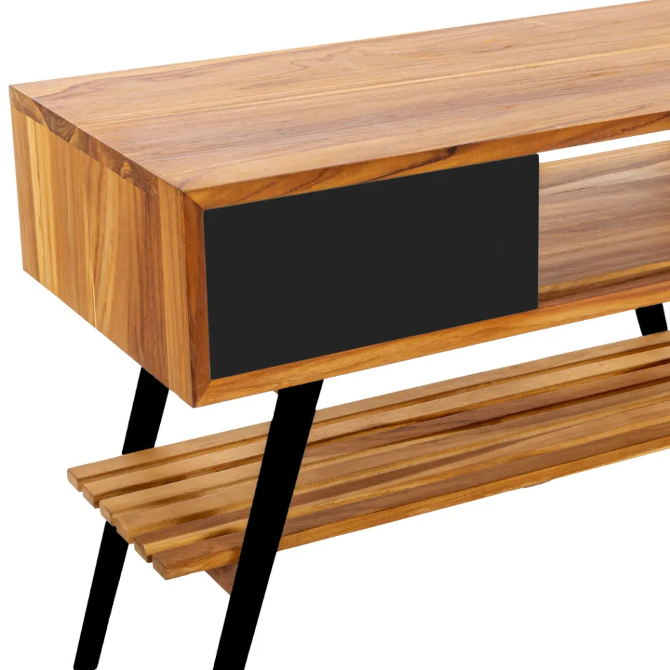 Nowoczesna czarna szafka łazienkowa z naturalnego drewna tekowego z szufladami - Benoit Viadurini