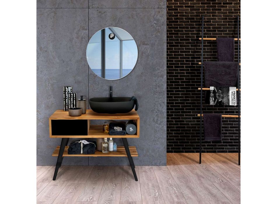 Nowoczesna czarna szafka łazienkowa z naturalnego drewna tekowego z szufladami - Benoit Viadurini