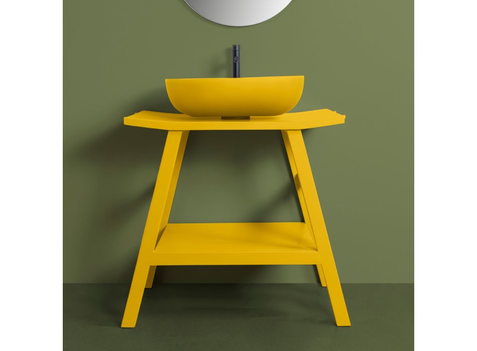 Żółta szafka łazienkowa z drewna tekowego z półokrągłym blatem i wygodną półką - Crina Viadurini