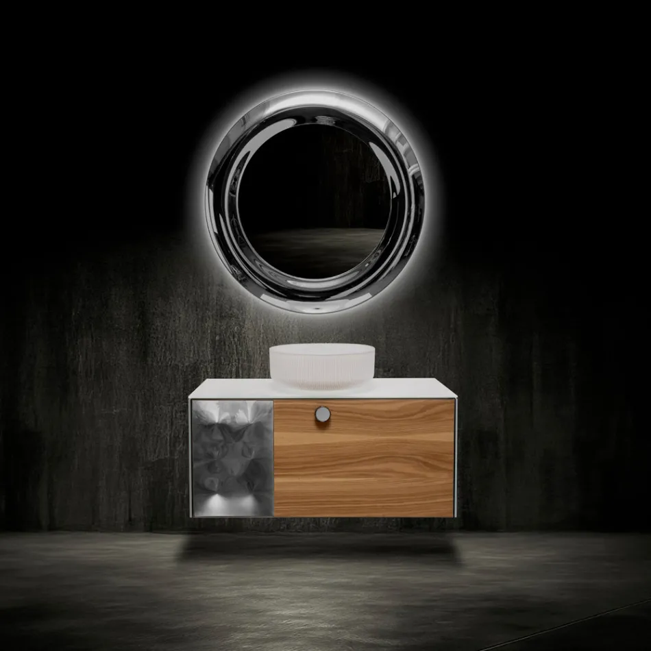 Szafka łazienkowa wisząca 100 cm ze szkła hartowanego o grubości 8 mm i dębu europejskiego – Excelsior Viadurini