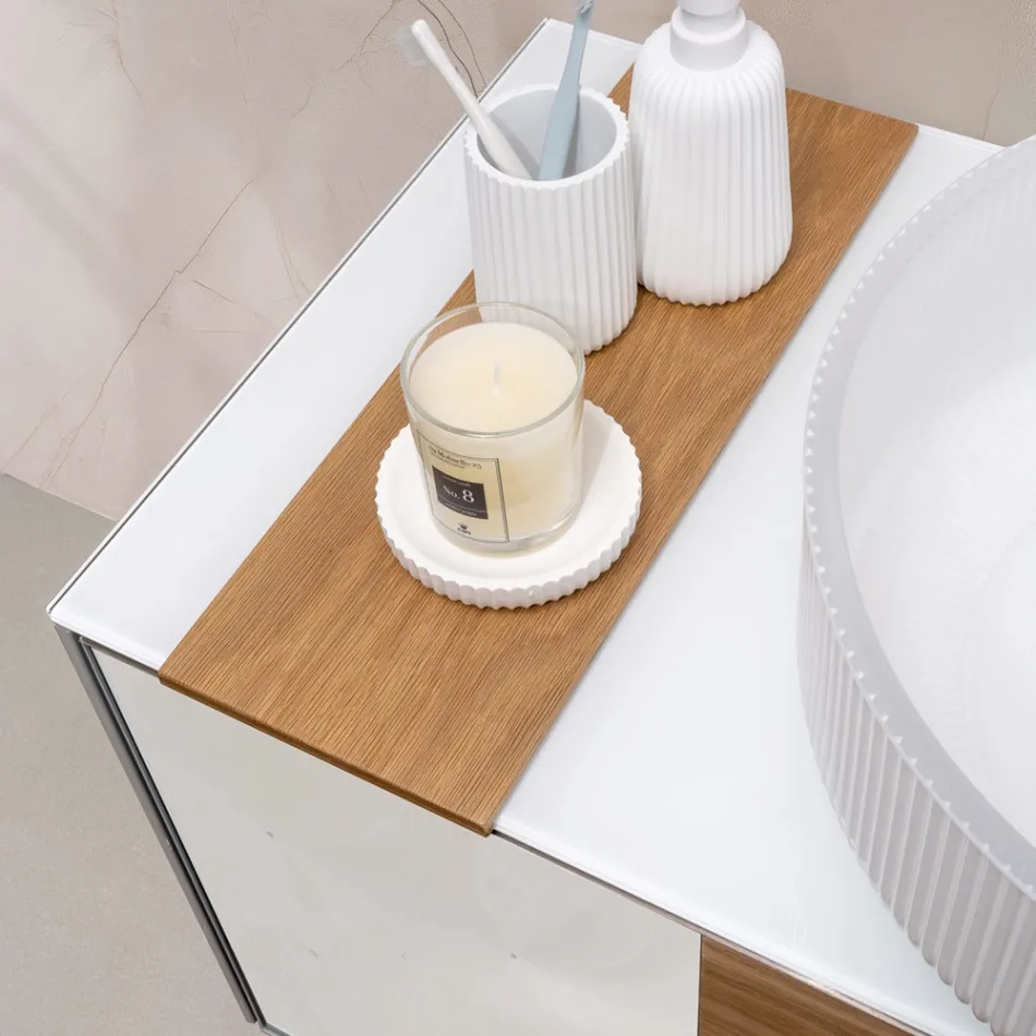 Szafka łazienkowa wisząca 100 cm ze szkła hartowanego o grubości 8 mm i dębu europejskiego – Excelsior Viadurini