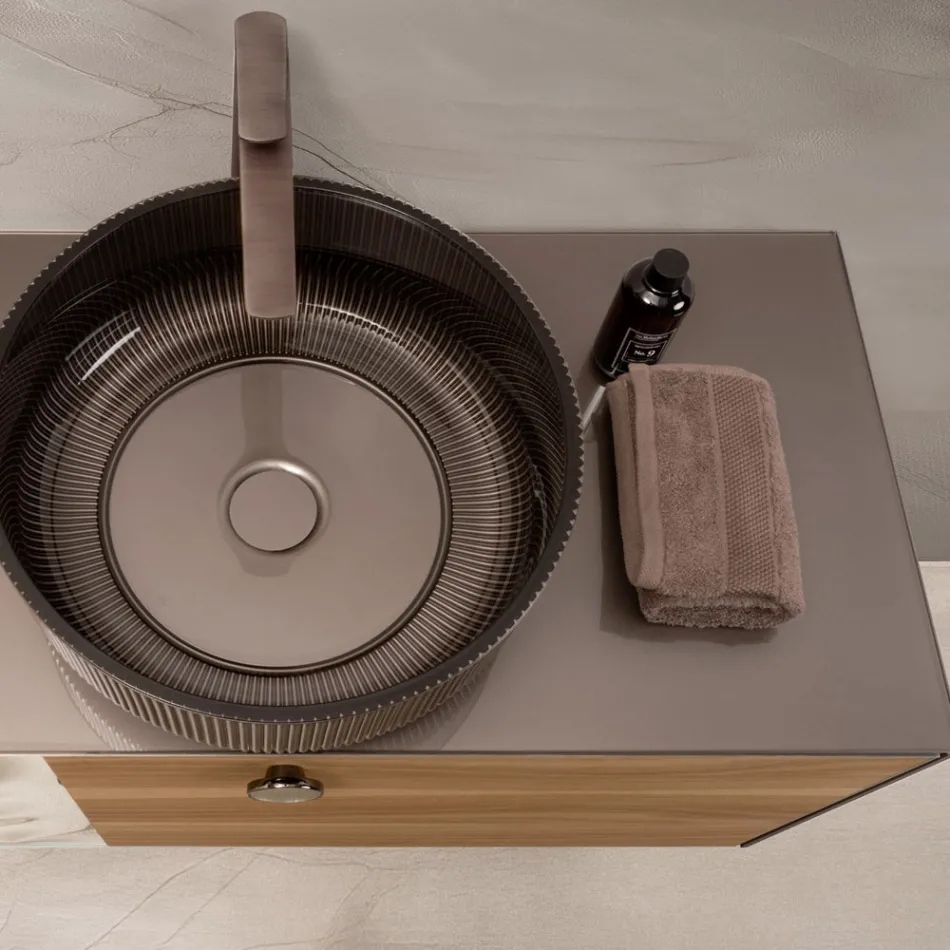 Szafka łazienkowa wisząca 100 cm ze szkła hartowanego o grubości 8 mm i dębu europejskiego – Excelsior Viadurini