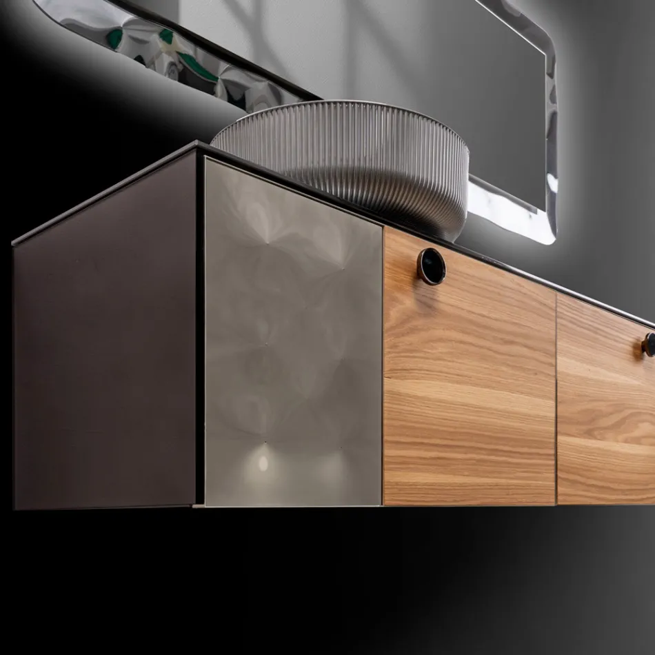 Szafka łazienkowa wisząca 160 cm ze szkła hartowanego o grubości 8 mm i dębu europejskiego – Excelsior Viadurini