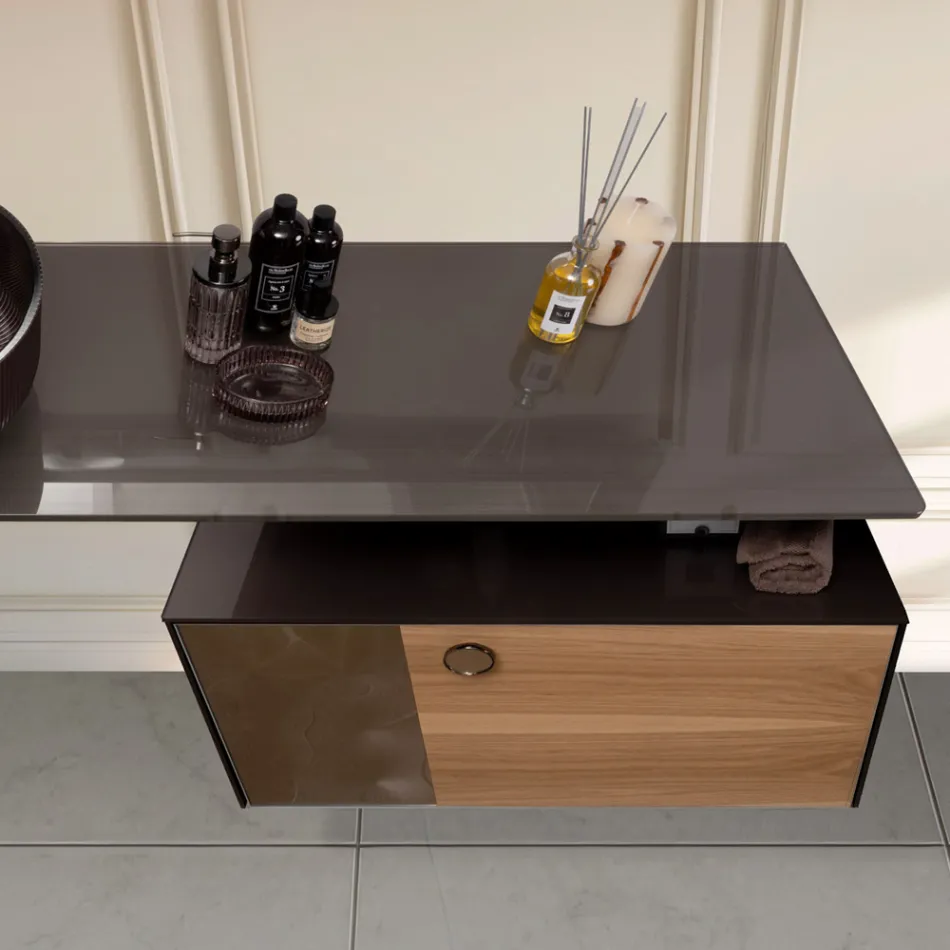 Szafka łazienkowa wisząca 80 cm ze szkła hartowanego o grubości 8 mm i dębu europejskiego - Excelsior Viadurini