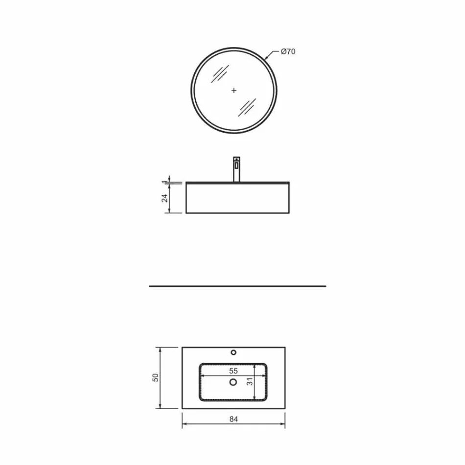 Szafka łazienkowa wisząca z szufladą i zintegrowaną umywalką i okrągłym lustrem - Renga Viadurini