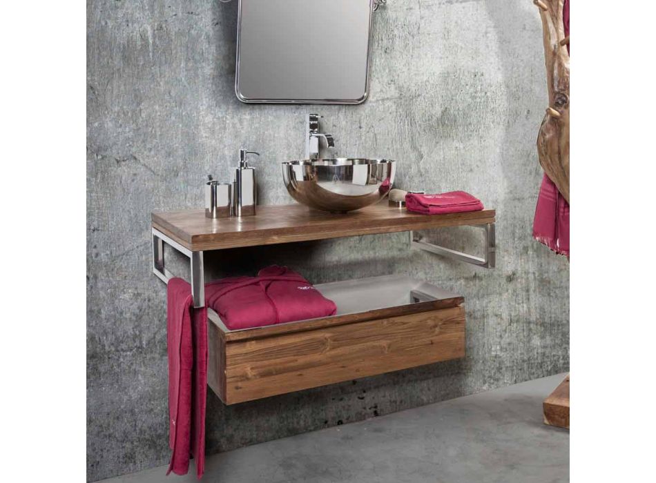 Podwieszana szafka łazienkowa z drewna tekowego z wieszakiem na ręczniki ze stali nierdzewnej - Saverno Viadurini