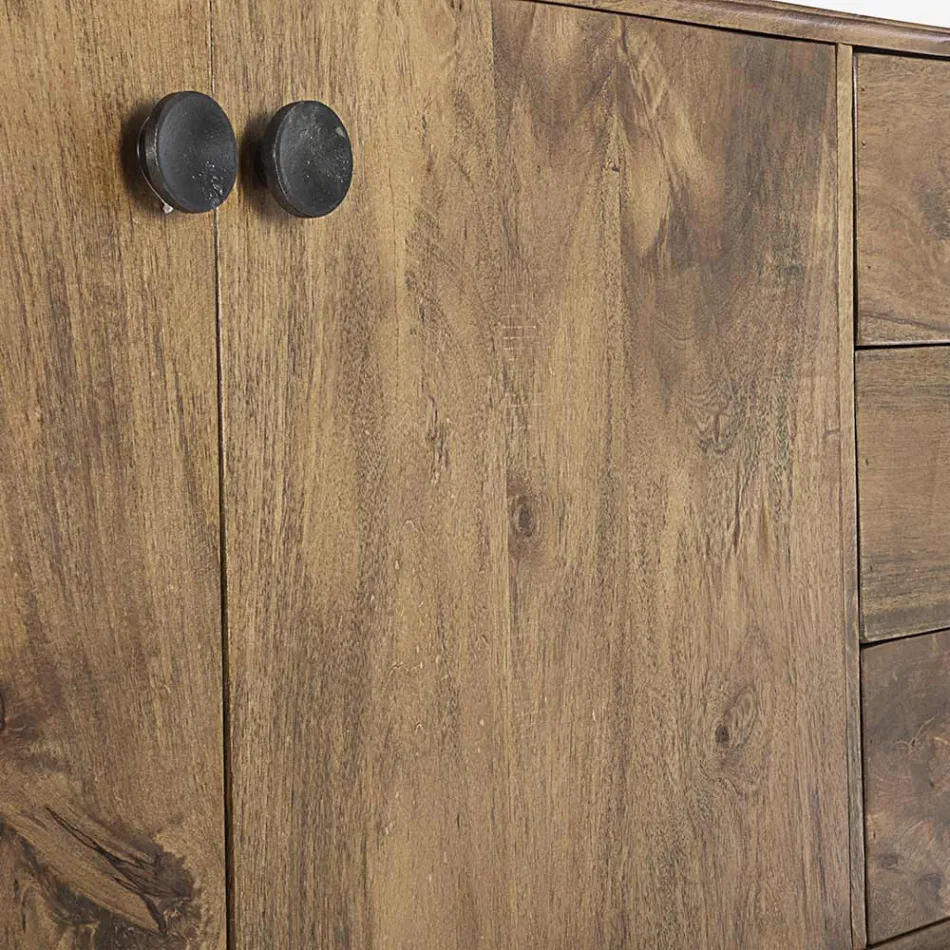 Komoda na kółkach 2 drzwi 3 szuflady w stylu vintage z drewna mango - Desiderio Viadurini