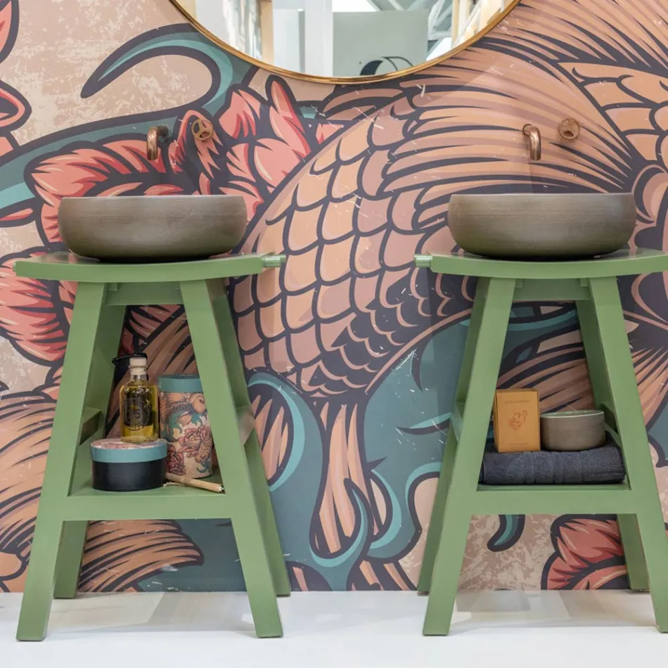 Wolnostojąca szafka łazienkowa z wykończeniem z drewna tekowego i dużą zieloną półką - Raomi Viadurini