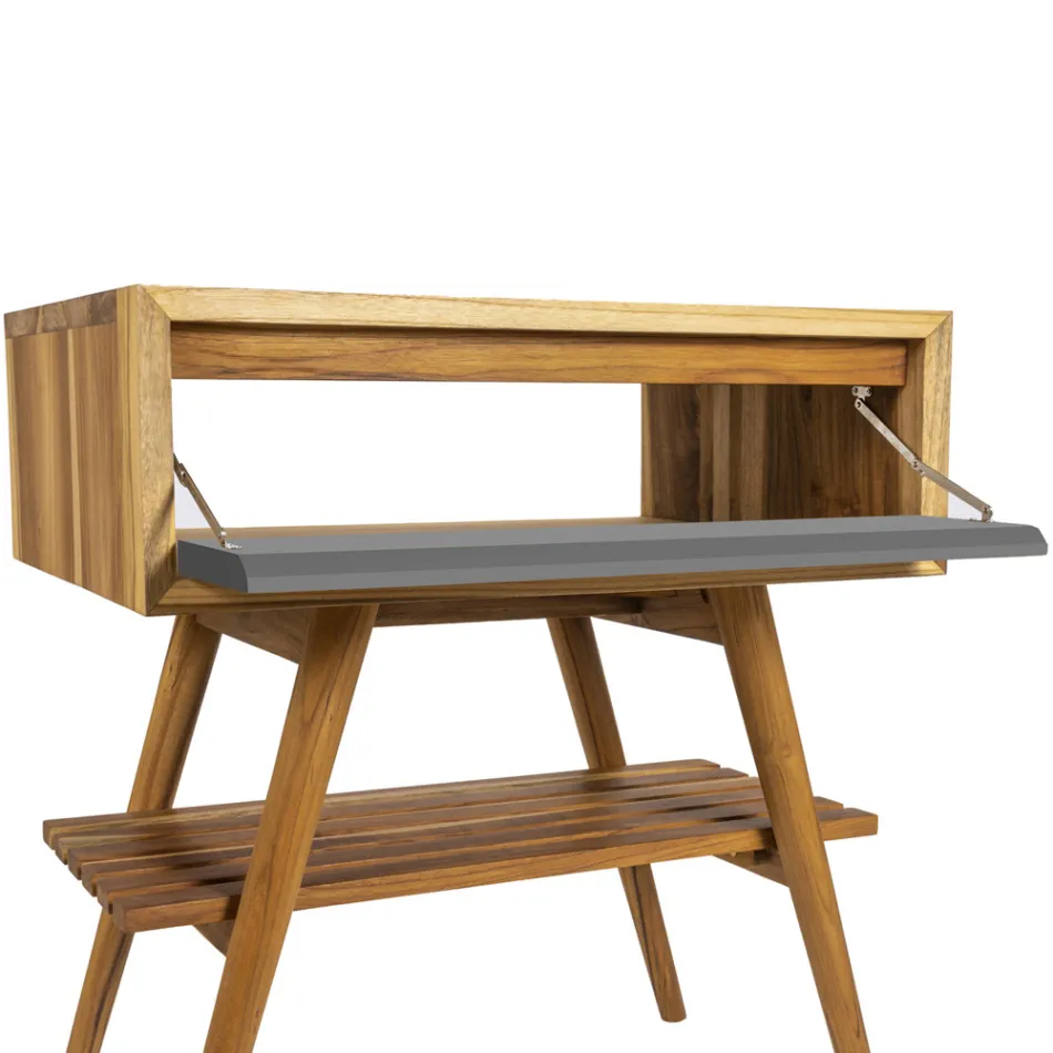 Wolnostojąca szafka łazienkowa z naturalnego drewna tekowego z szarym wsparciem koloru - Gatien Viadurini