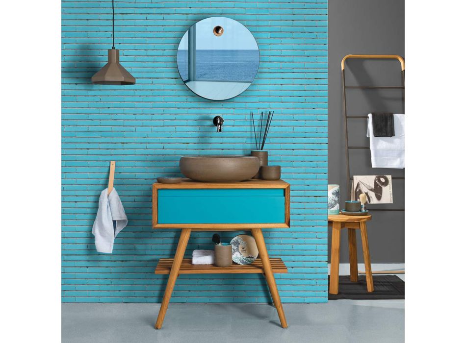 Szafka łazienkowa stojąca niebieska z naturalnego drewna tekowego z kolorową szufladą - Gatien Viadurini