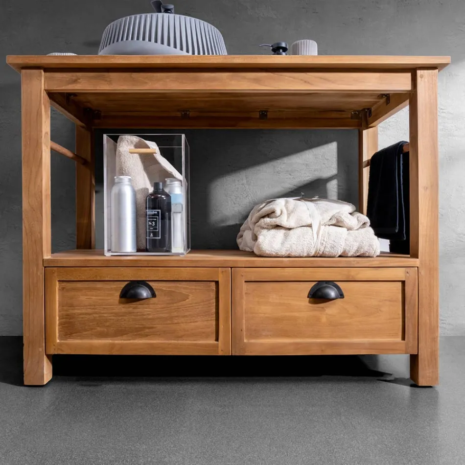 Wolnostojąca szafka łazienkowa z drewna tekowego z dwiema szufladami - Frangipani Viadurini