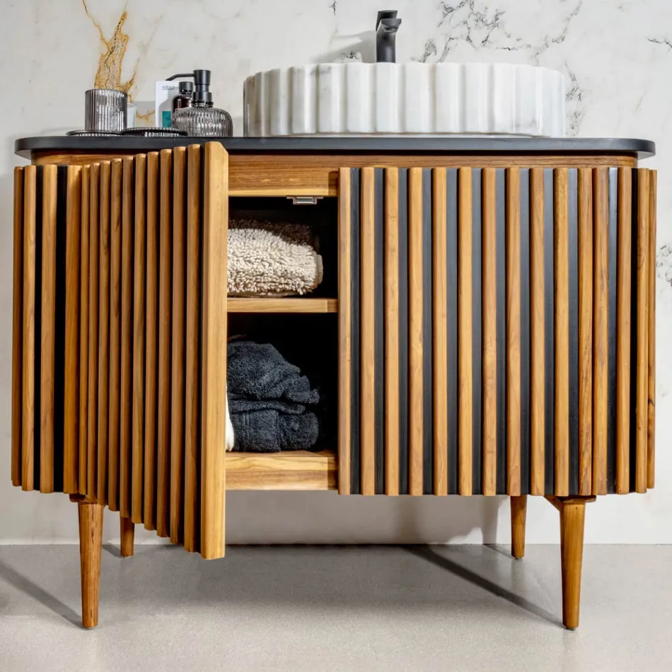 Ręcznie wykonana szafka łazienkowa z litego drewna tekowego i mahoniu - Heliconia Viadurini