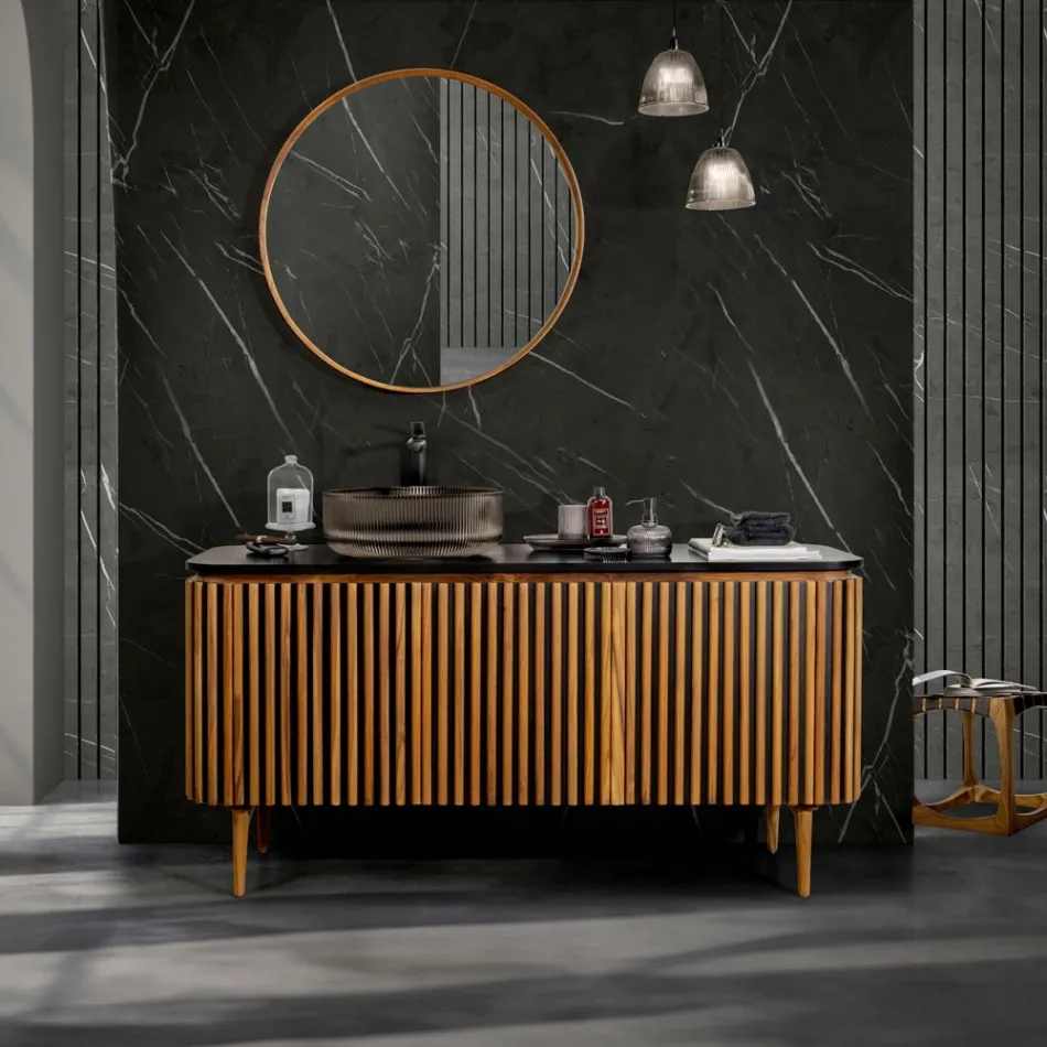 Ręcznie wykonana szafka łazienkowa z litego drewna tekowego i mahoniu - Heliconia Viadurini