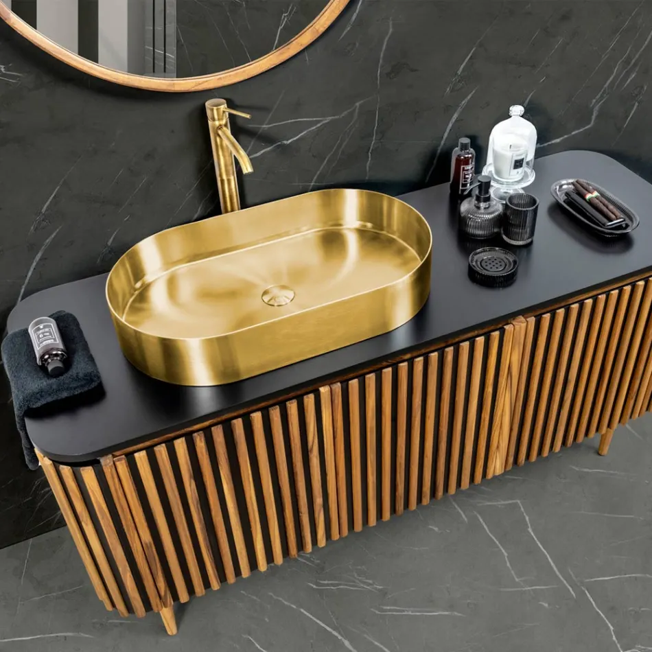 Ręcznie wykonana szafka łazienkowa z litego drewna tekowego i mahoniu - Heliconia Viadurini